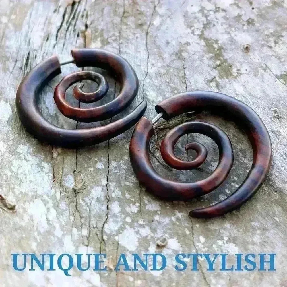 Organic wooden spiral hoop earrings fake gauges by umbrellalaboratory - Picture 5 of 8